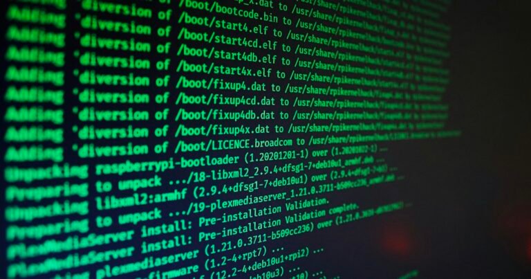 Green code scrolling on a dark computer screen