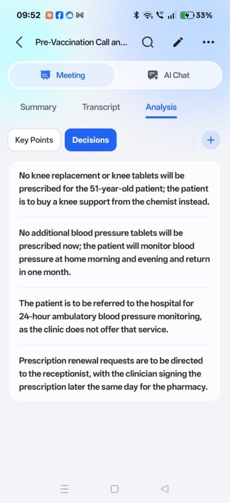 HERA Analysis tab listing the decisions from a GP appointment
