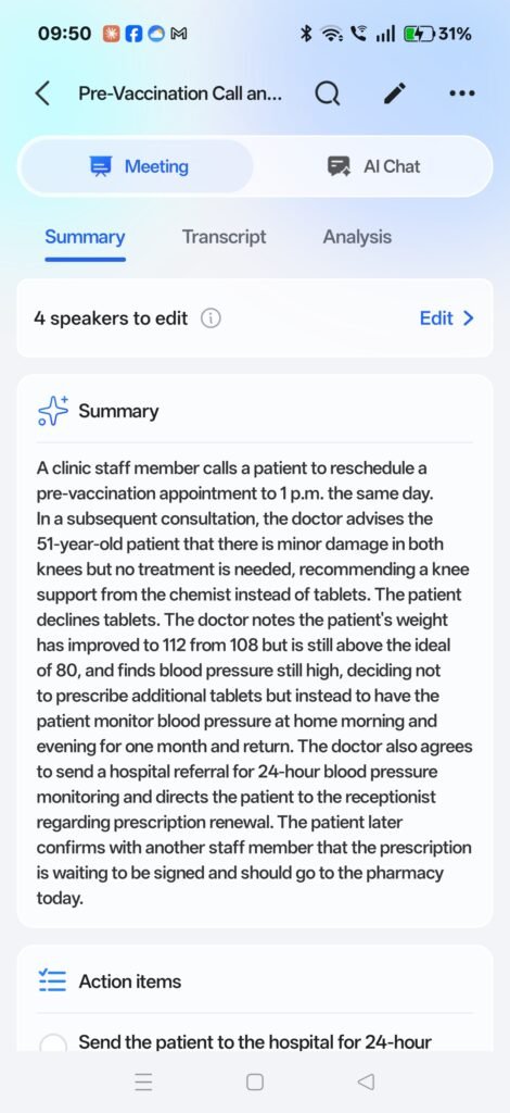 HERA AI summary of a GP appointment recorded from a trouser pocket