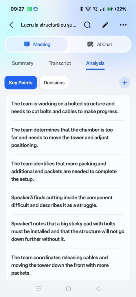 HERA app Analysis tab showing AI key points from a building site recording