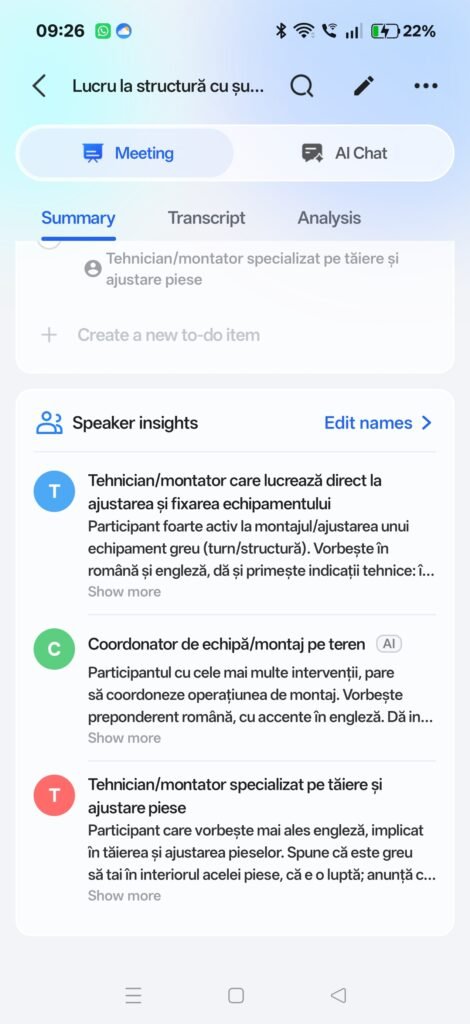 HERA Speaker insights screen describing each person role in a building site conversation